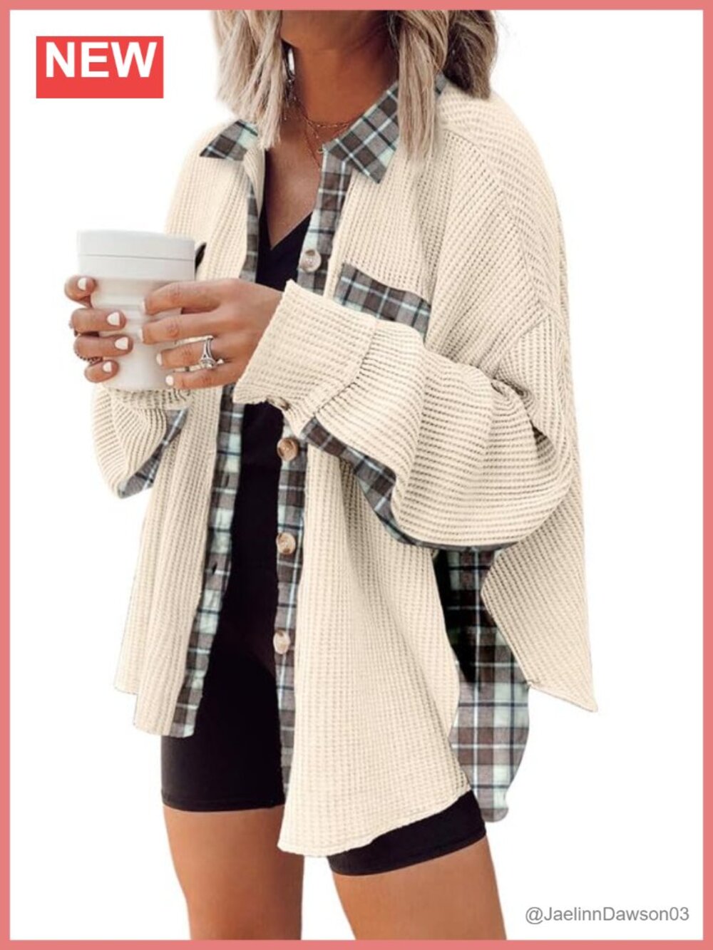 Waffle Knit Plaid Shacket Lightweight Button Down Flannel Shirt Long Sleeve